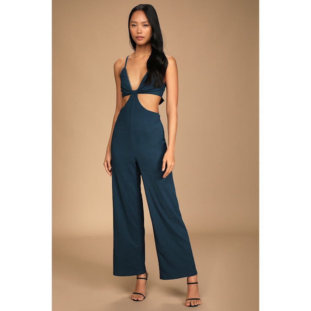 Lulus Blissful Season Teal Tie-back Cutout Wide-leg Jumpsuit Blue - Size M